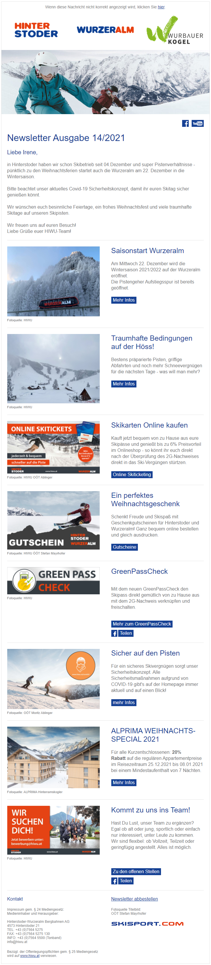 Newsletter-Beispiel für die Skiregion Hinterstoder 2 (Quelle: Hinterstoder-Wurzeralm Bergbahnen AG)